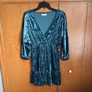 Teal Velvet Dress with V-Neck